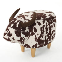 Massy Cow Kids Ottoman 25 Inches, Brown, White Velvet, Light Brown Horn -BM321678
