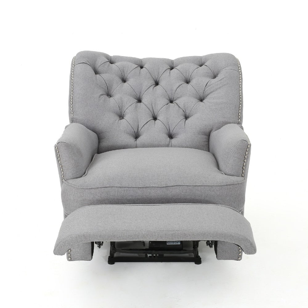 Power Recliner Lounge Chair, Button Tufted Gray Soft Fabric, Copper Accents -BM321683