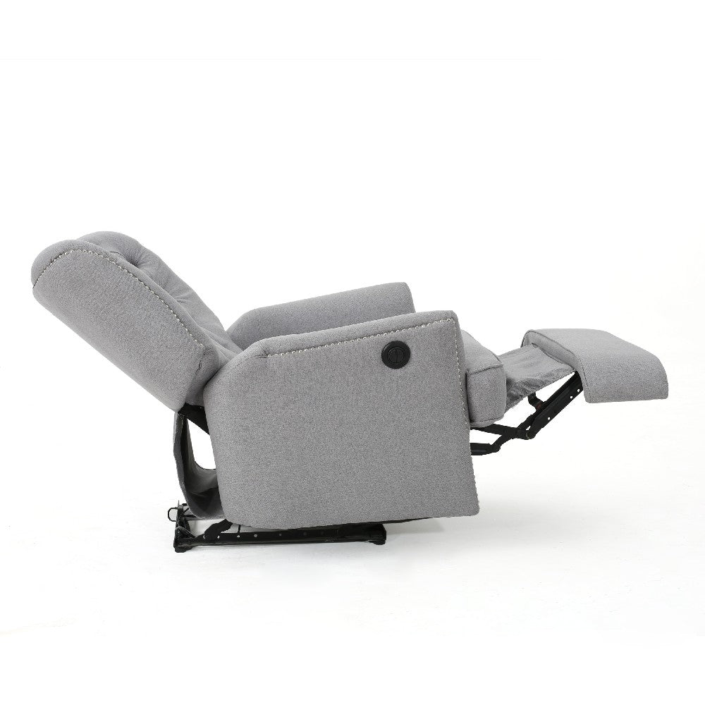 Power Recliner Lounge Chair, Button Tufted Gray Soft Fabric, Copper Accents -BM321683