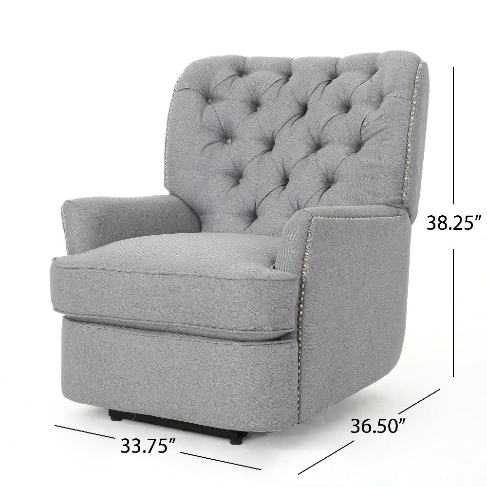 Power Recliner Lounge Chair, Button Tufted Gray Soft Fabric, Copper Accents -BM321683