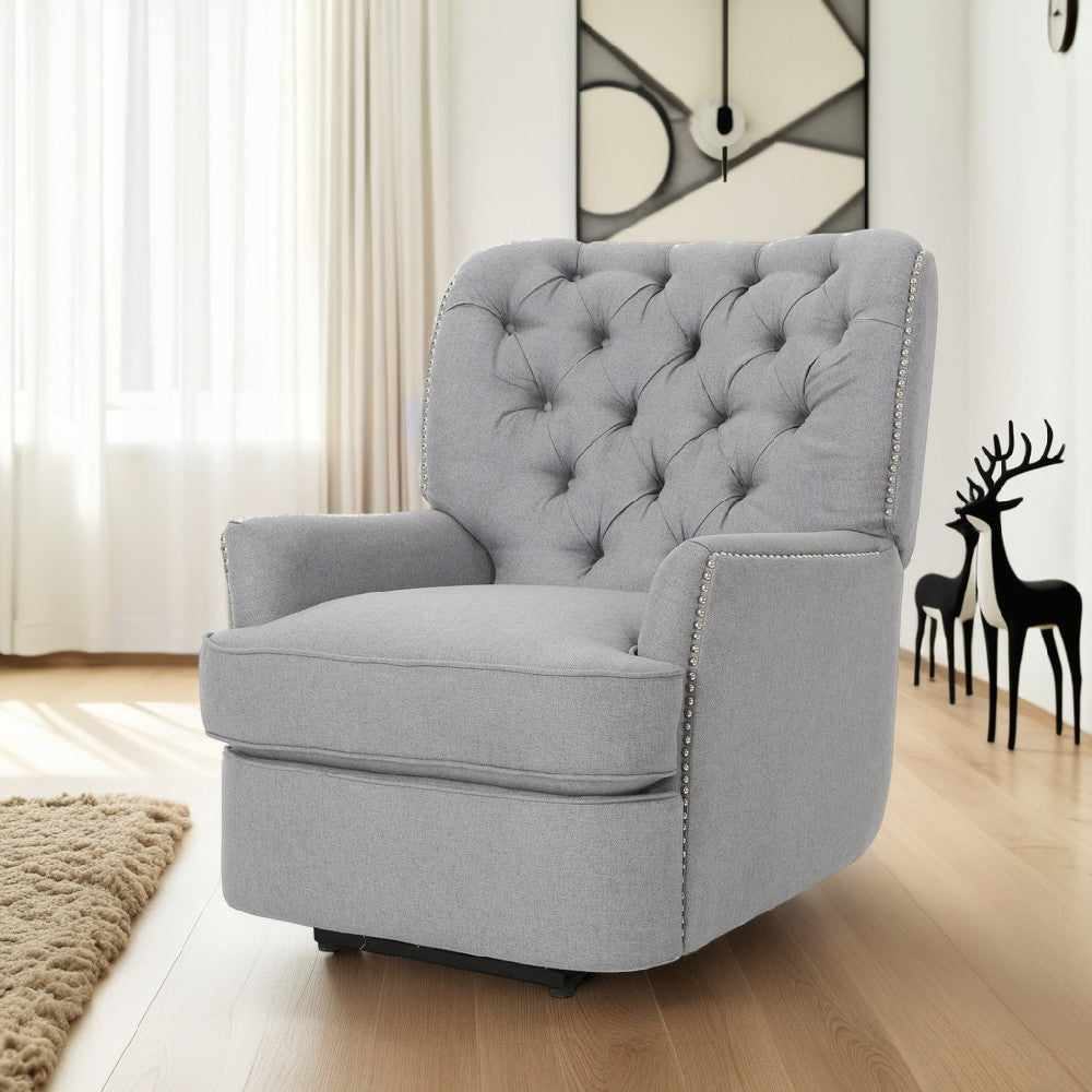 Power Recliner Lounge Chair, Button Tufted Gray Soft Fabric, Copper Accents -BM321683