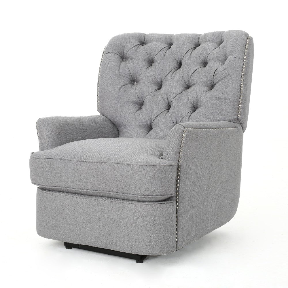 Power Recliner Lounge Chair, Button Tufted Gray Soft Fabric, Copper Accents -BM321683