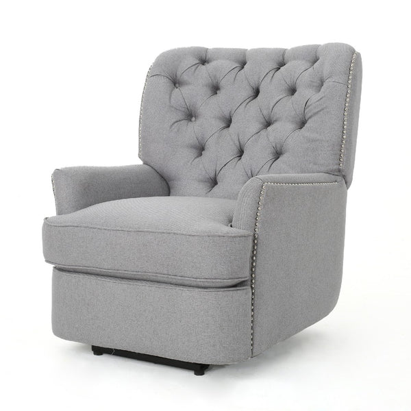 Power Recliner Lounge Chair, Button Tufted Gray Soft Fabric, Copper Accents -BM321683