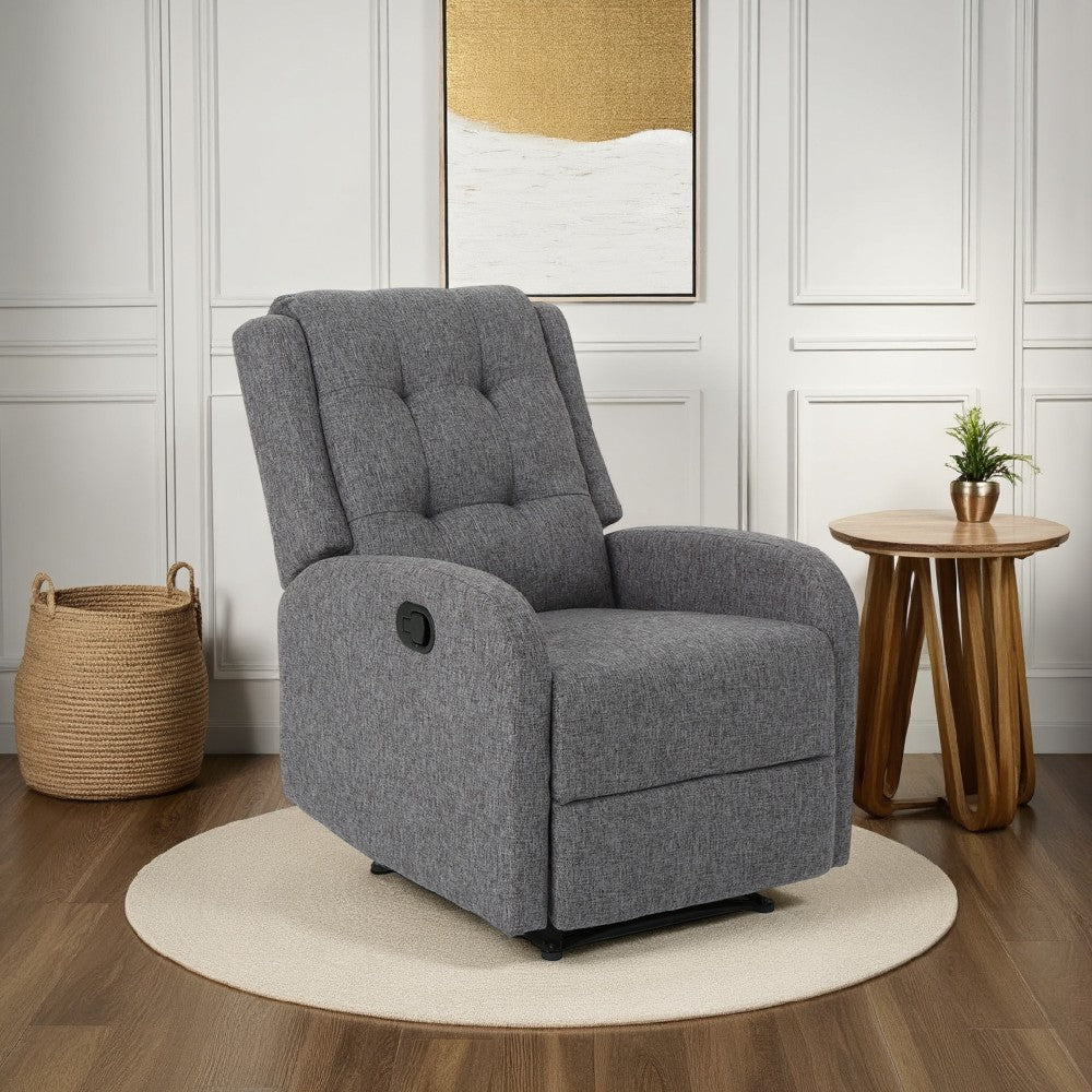Recliner Chair, Manual Pull Tab, Button Tufted Charcoal Gray Fabric -BM321684