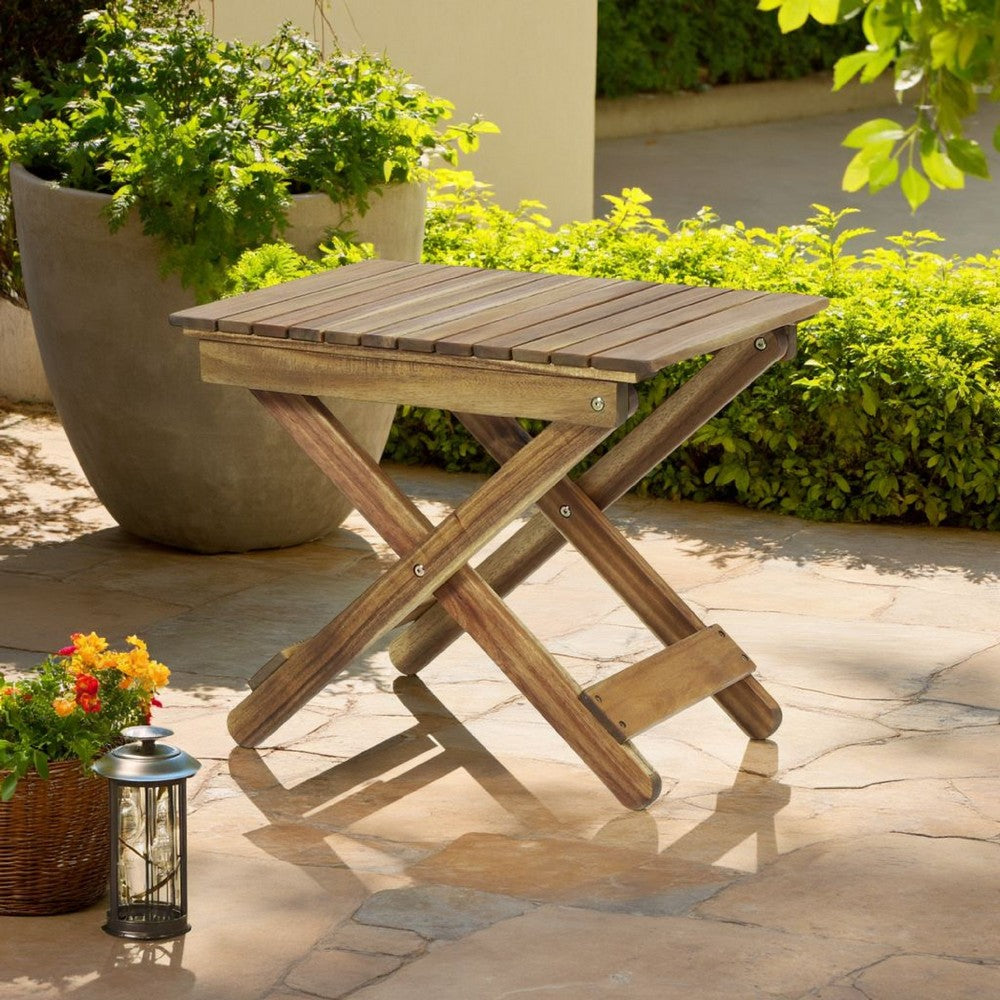 Kyre Outdoor Side Table, Foldable Slatted 23 Inch, Brown Acacia Wood -BM321693
