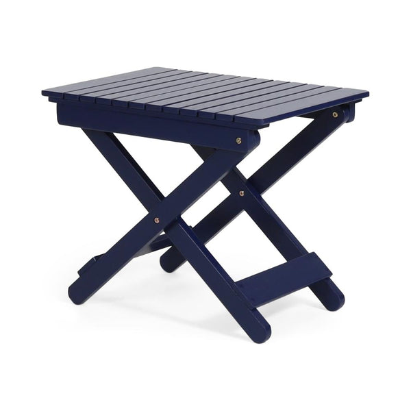 Kyre Outdoor Side Table, Foldable Slatted 23 Inch, Navy Blue Acacia Wood