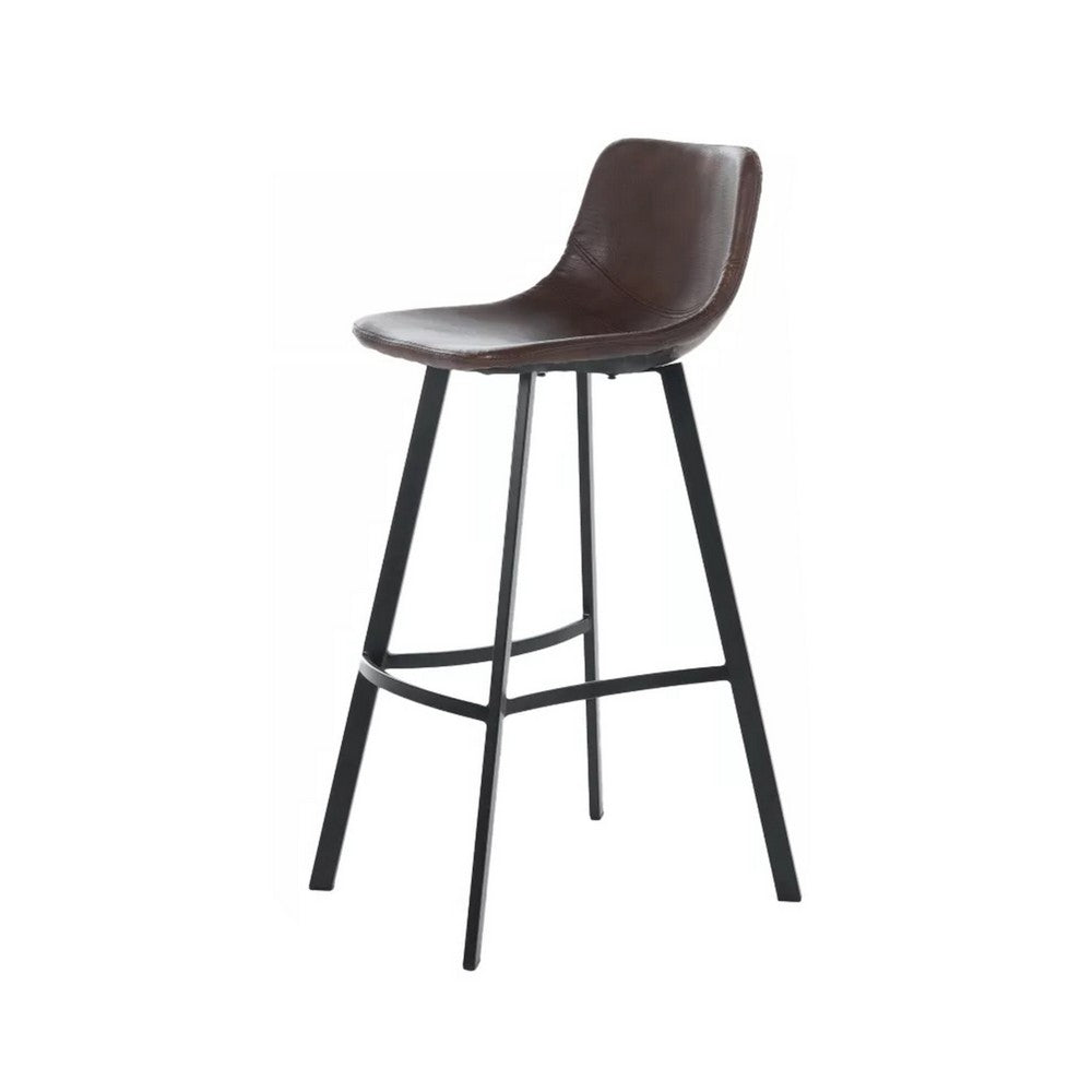 Barstool Chair Set of 2, Curved Seat, Black Steel, Brown Faux Leather -BM321700