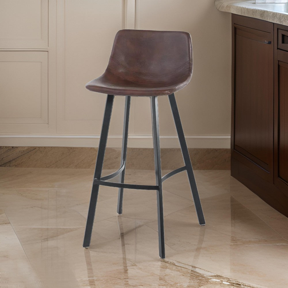 Barstool Chair Set of 2, Curved Seat, Black Steel, Brown Faux Leather -BM321700