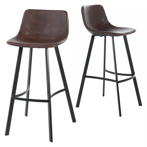 Barstool Chair Set of 2, Curved Seat, Black Steel, Brown Faux Leather -BM321700