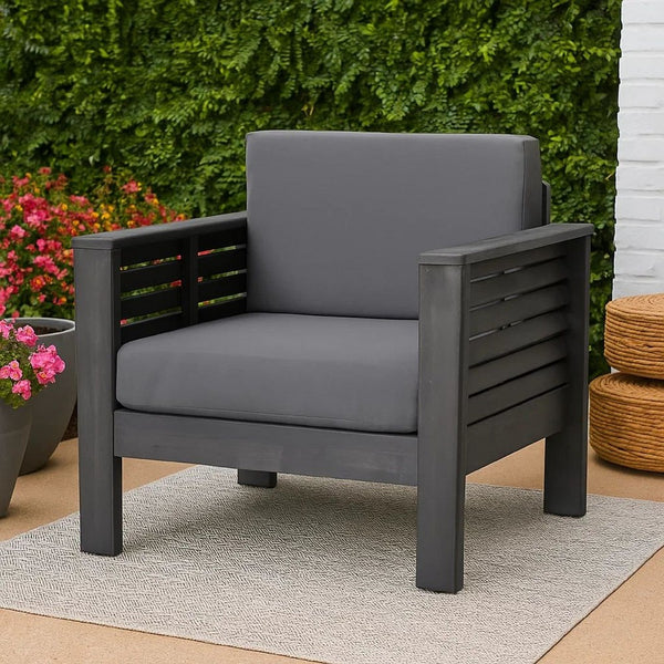 Quim Outdoor Club Chair, Shutter Slat Panel, Gray Acacia Wood, Gray Fabric -BM321701