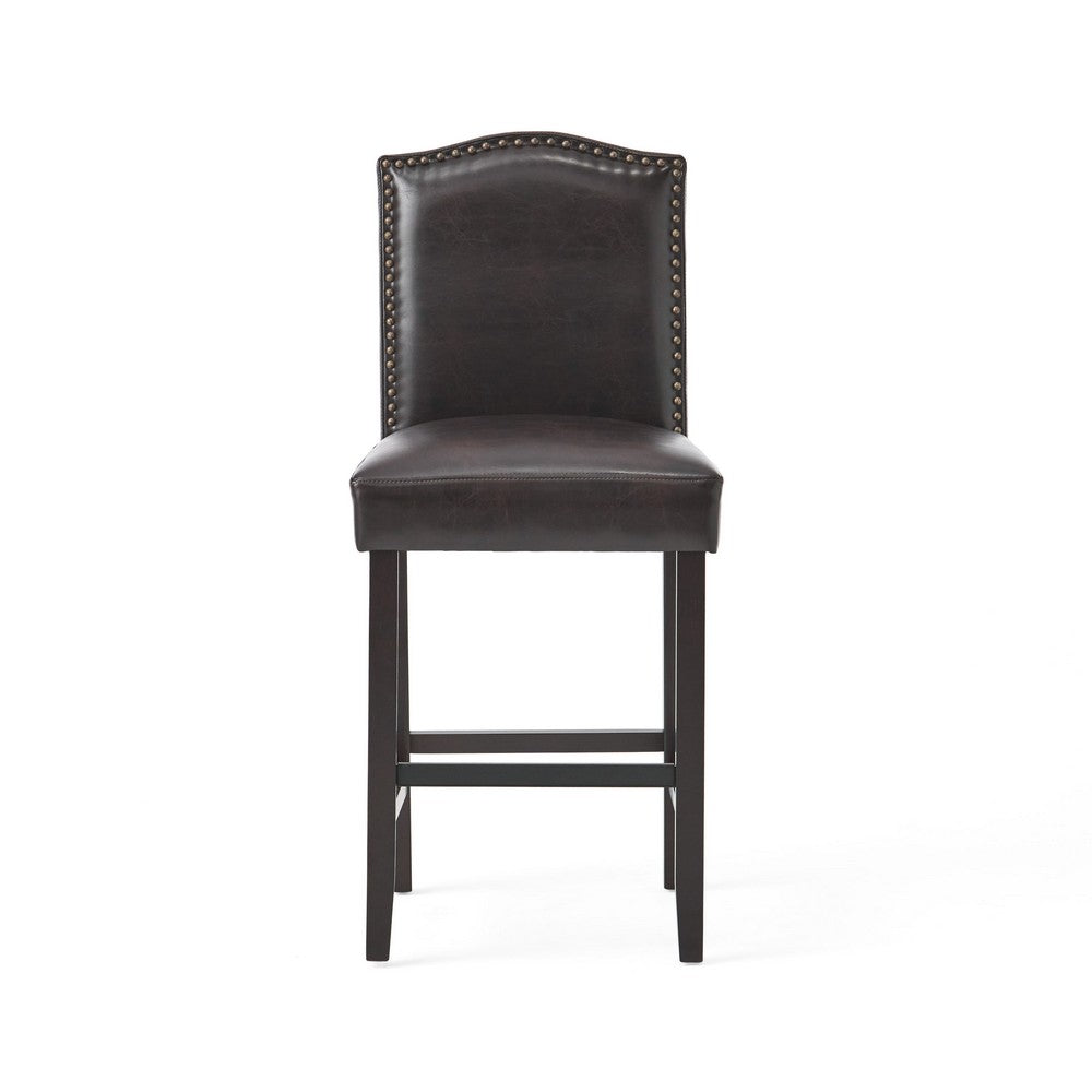 Counter Height Chair Set of 2, Nailhead Trim, Brown and Walnut Faux Leather -BM321703