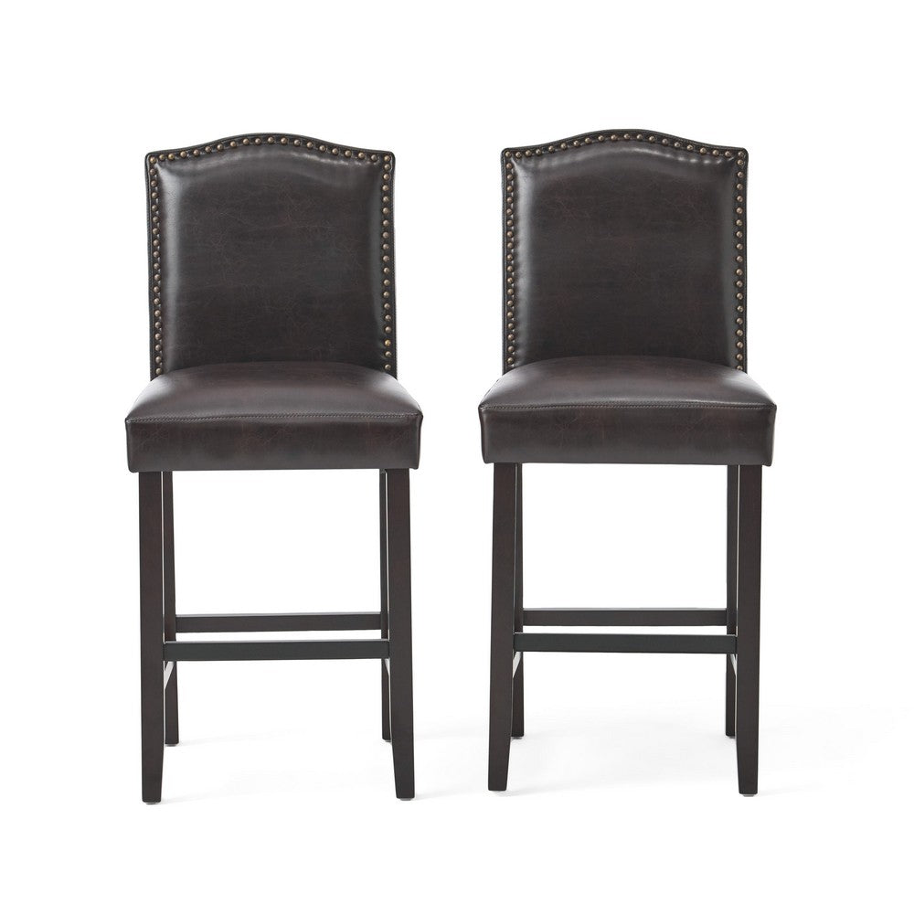 Counter Height Chair Set of 2, Nailhead Trim, Brown and Walnut Faux Leather -BM321703