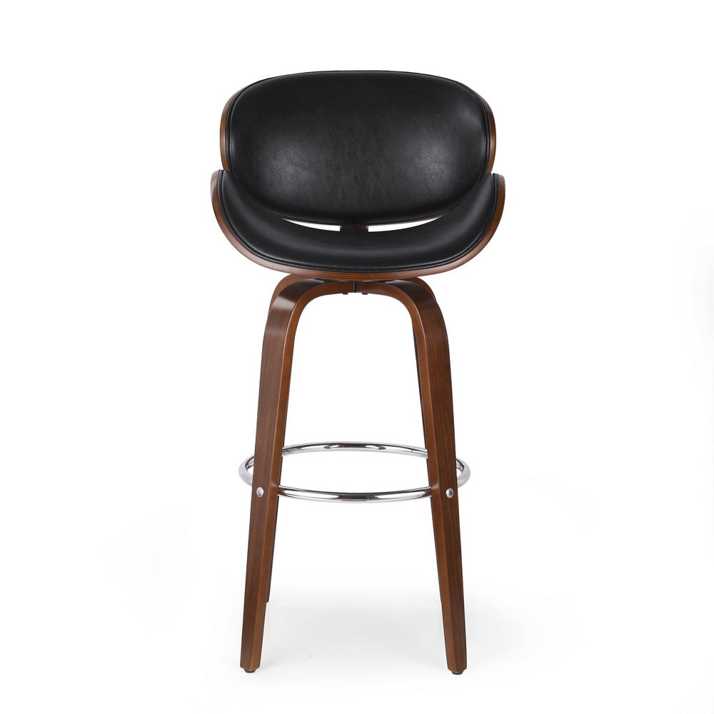Zaine Swivel Barstool Chair, Walnut Veneer, Black Faux Leather -BM321706