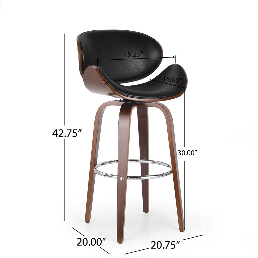 Zaine Swivel Barstool Chair, Walnut Veneer, Black Faux Leather -BM321706