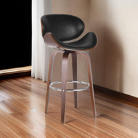 Zaine Swivel Barstool Chair, Walnut Veneer, Black Faux Leather -BM321706