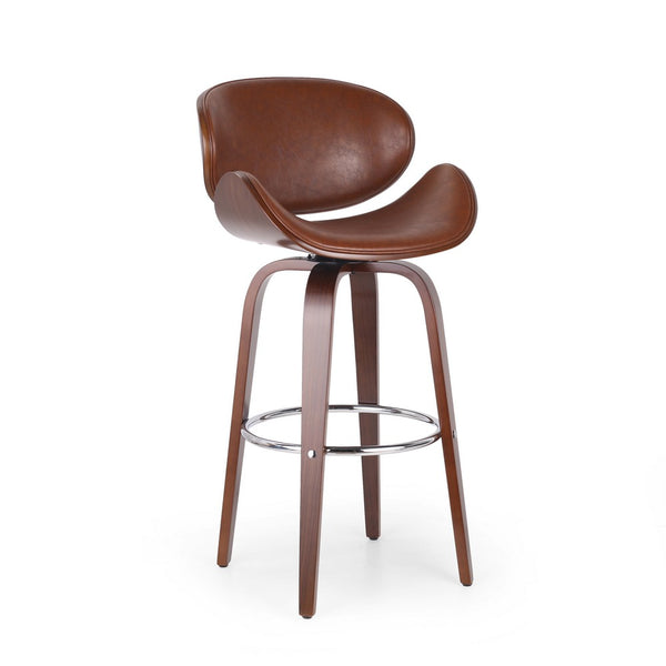 Zaine Swivel Barstool Chair, Walnut Veneer, Brown Faux Leather -BM321707