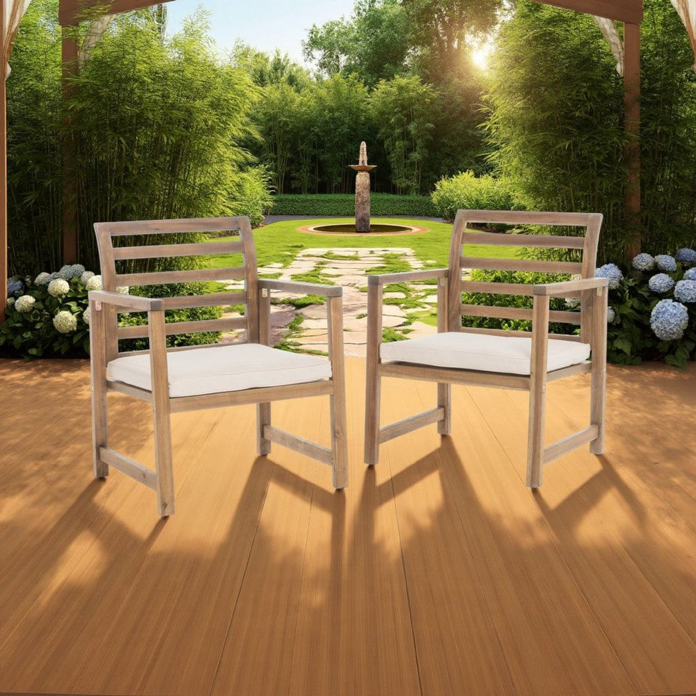 Outdoor Club Chair Set of 2, Slat Back, Brown Acacia Wood, White Fabric -BM321708