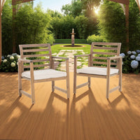Outdoor Club Chair Set of 2, Slat Back, Brown Acacia Wood, White Fabric -BM321708