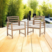 Outdoor Club Chair Set of 2, Slat Back, Brown Acacia Wood, White Fabric -BM321708
