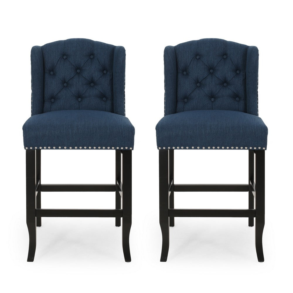 Counter Height Chair Set of 2, Tufted Wingback, Nailhead Trim, Navy Blue -BM321712