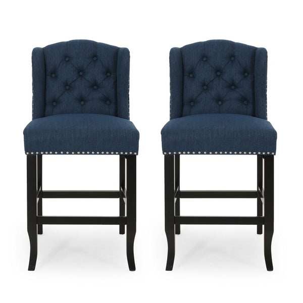 Counter Height Chair Set of 2, Tufted Wingback, Nailhead Trim, Navy Blue -BM321712