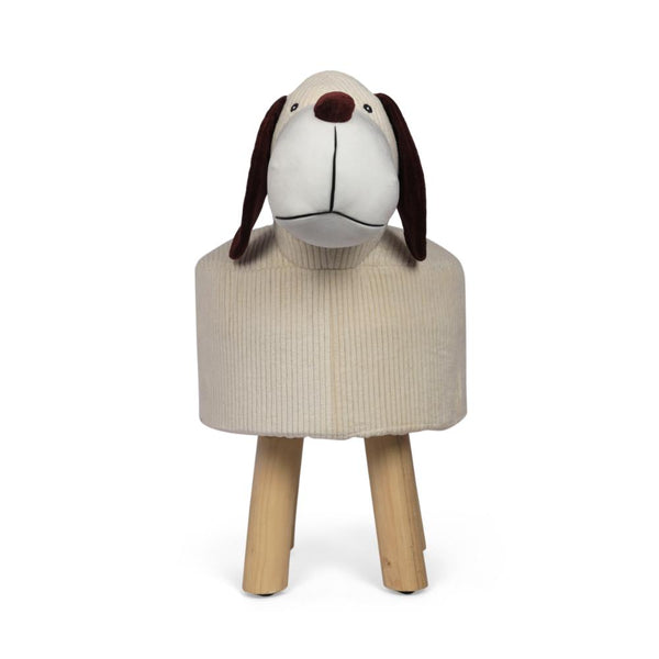 Kids Ottoman Stool, Dog Theme 21 Inch, Brown Wood, Off-White Corduroy -BM321713