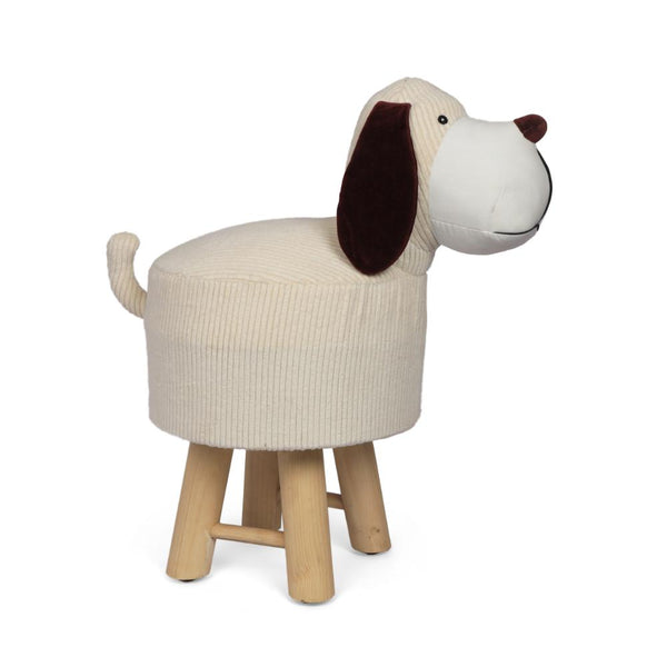 Kids Ottoman Stool, Dog Theme 21 Inch, Brown Wood, Off-White Corduroy