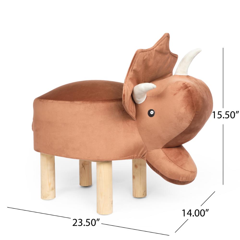 Kids Ottoman, Dinosaur Themed 21 Inch Compact, Brown and Brown Polyester -BM321716