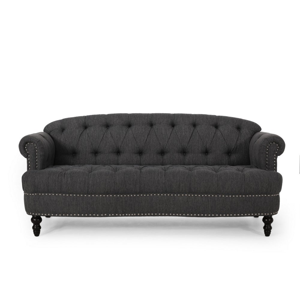 Sofa, 74 Inch 3 Seater, Rivet Accents, Button Tufted Charcoal Gray Fabric -BM321728