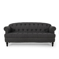 Sofa, 74 Inch 3 Seater, Rivet Accents, Button Tufted Charcoal Gray Fabric -BM321728