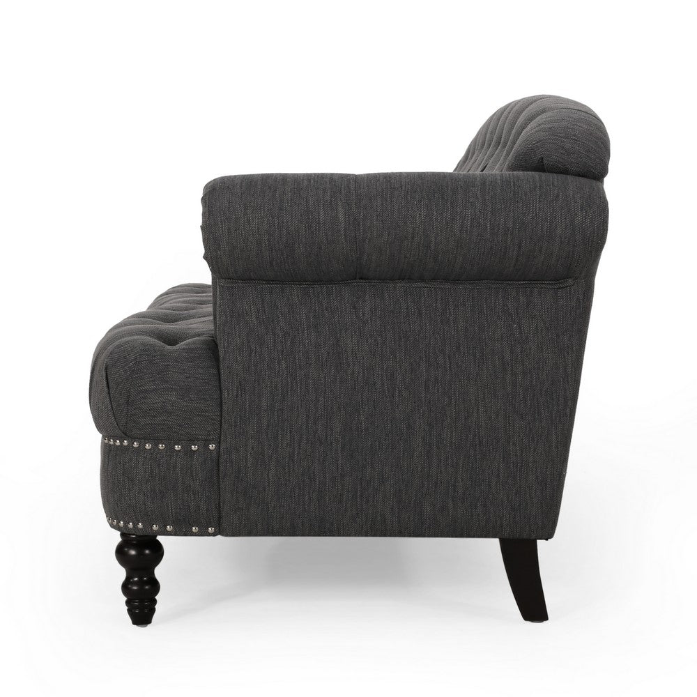 Sofa, 74 Inch 3 Seater, Rivet Accents, Button Tufted Charcoal Gray Fabric -BM321728