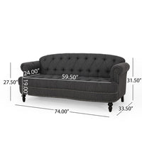 Sofa, 74 Inch 3 Seater, Rivet Accents, Button Tufted Charcoal Gray Fabric -BM321728