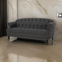 Sofa, 74 Inch 3 Seater, Rivet Accents, Button Tufted Charcoal Gray Fabric -BM321728