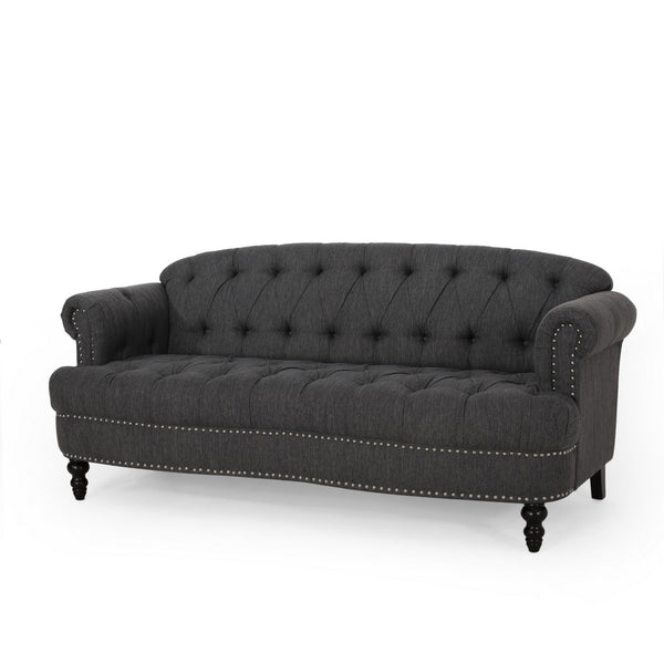Sofa, 74 Inch 3 Seater, Rivet Accents, Button Tufted Charcoal Gray Fabric -BM321728