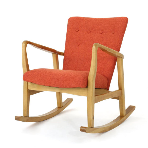 Jamy Rocking Chair, Brown Birch Wood Frame, Button Tufted Orange Polyester