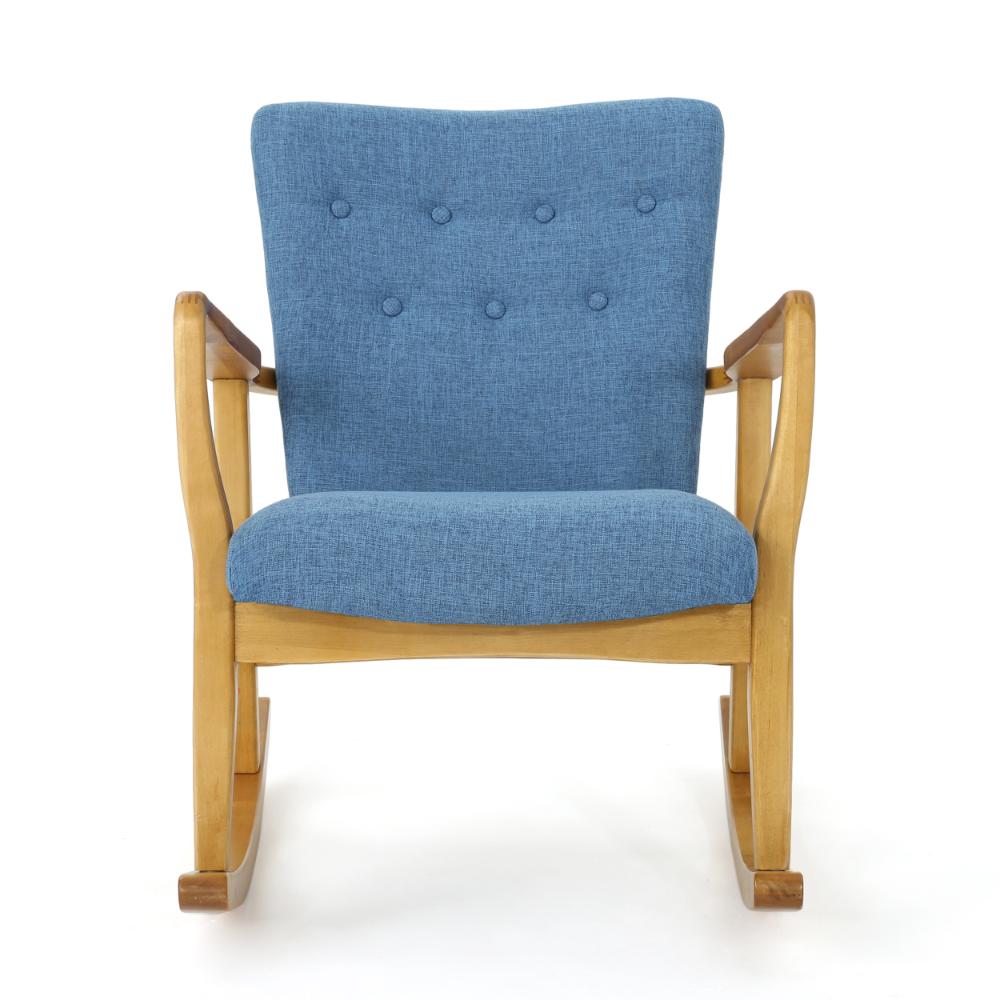 Jamy Rocking Chair, Brown Birch Wood Frame, Button Tufted Blue Polyester -BM321734