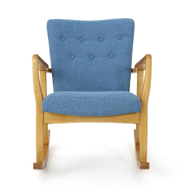 Jamy Rocking Chair, Brown Birch Wood Frame, Button Tufted Blue Polyester -BM321734