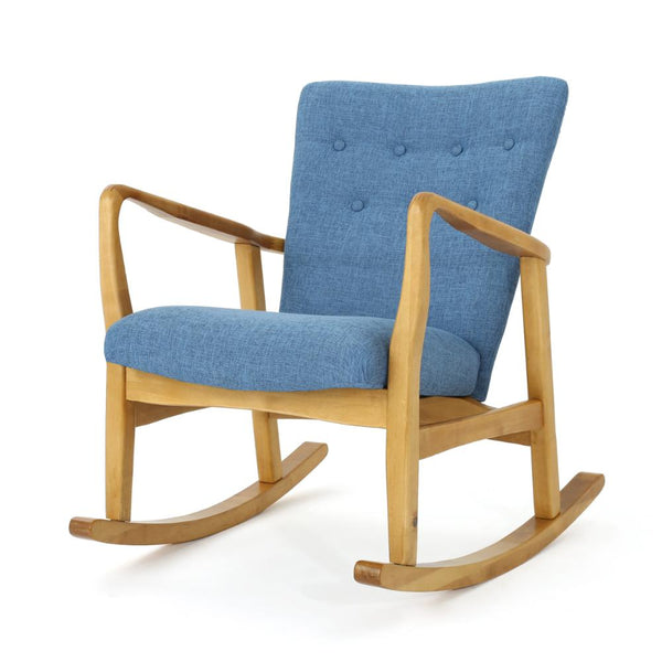 Jamy Rocking Chair, Brown Birch Wood Frame, Button Tufted Blue Polyester