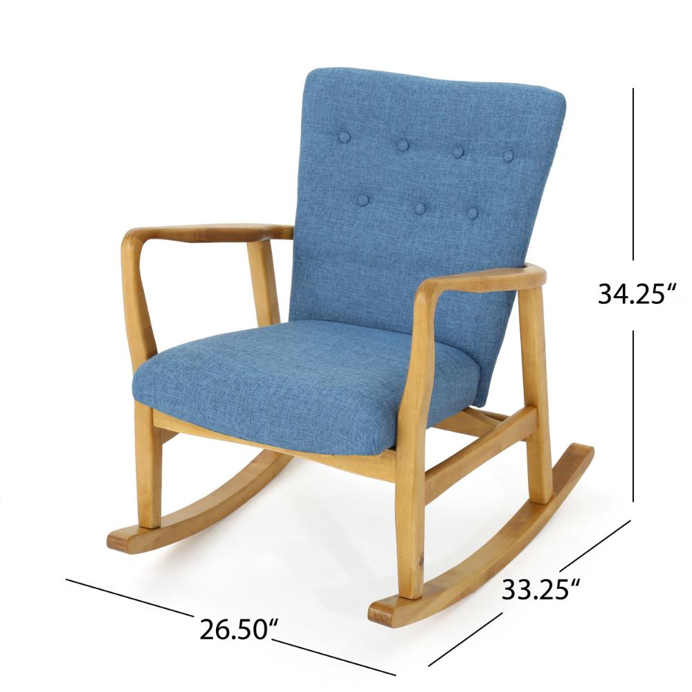 Jamy Rocking Chair, Brown Birch Wood Frame, Button Tufted Blue Polyester -BM321734