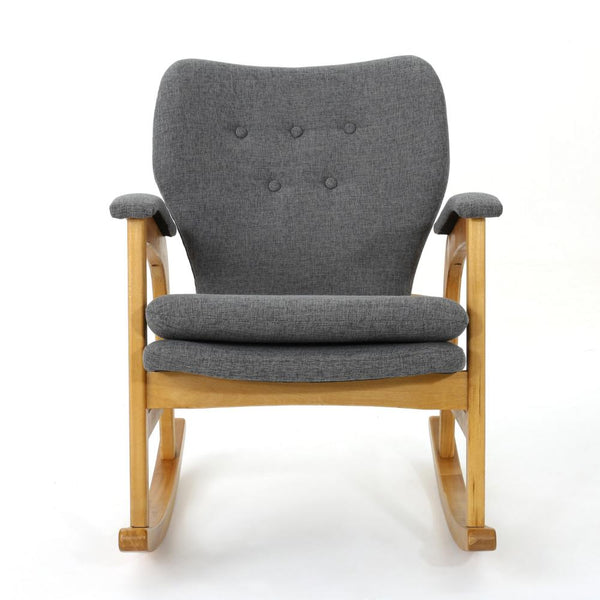 Erika Rocking Chair, Mid-Century Rubberwood, Button Tufted Gray Fabric -BM321737