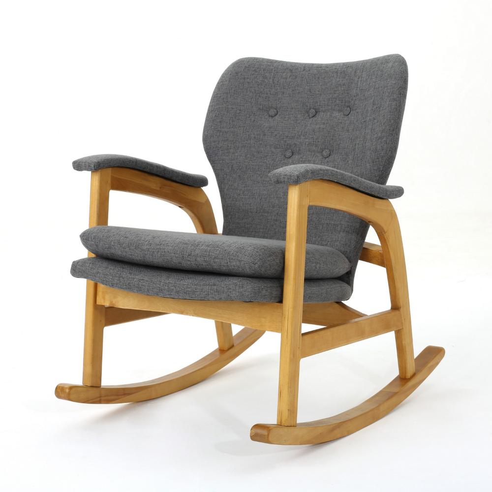 Erika Rocking Chair, Mid-Century Rubberwood, Button Tufted Gray Fabric -BM321737