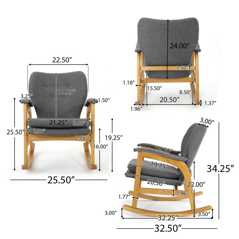 Erika Rocking Chair, Mid-Century Rubberwood, Button Tufted Gray Fabric -BM321737