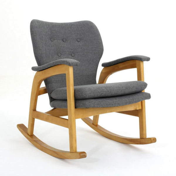 Erika Rocking Chair, Mid-Century Rubberwood, Button Tufted Gray Fabric