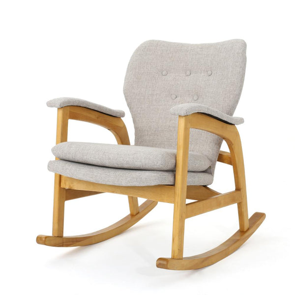 Erika Rocking Chair, Mid-Century, Rubberwood, Button Tufted Wheat Gray