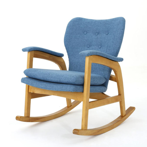 Erika Rocking Chair, Mid-Century, Rubberwood, Button Tufted Cool Blue