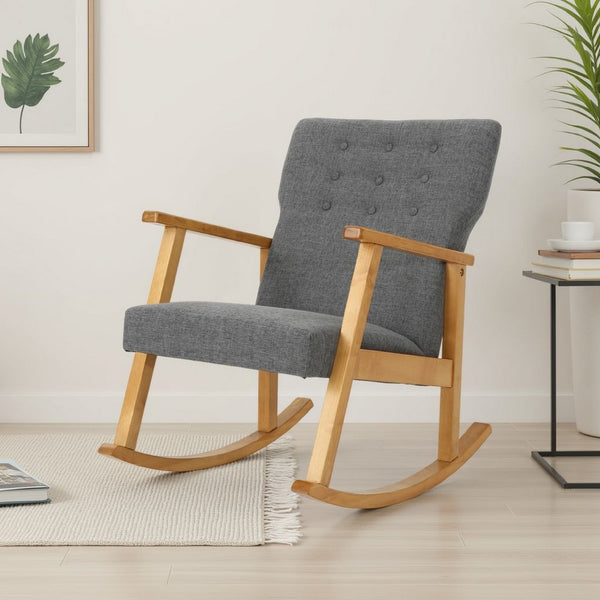 Maze Rocking Chair, Mid-Century Brown Rubberwood, Tufted Gray Fabric -BM321740
