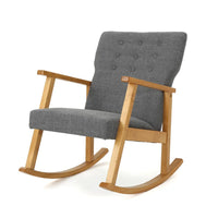 Maze Rocking Chair, Mid-Century Brown Rubberwood, Tufted Gray Fabric