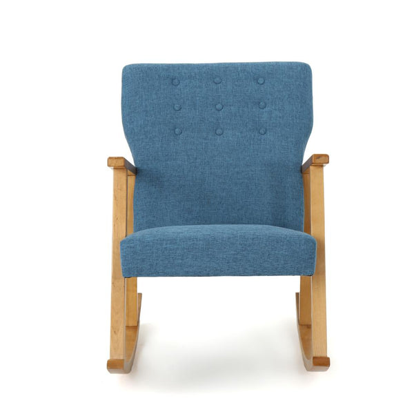 Maze Rocking Chair, Mid-Century Brown Rubberwood, Tufted Blue Fabric -BM321741