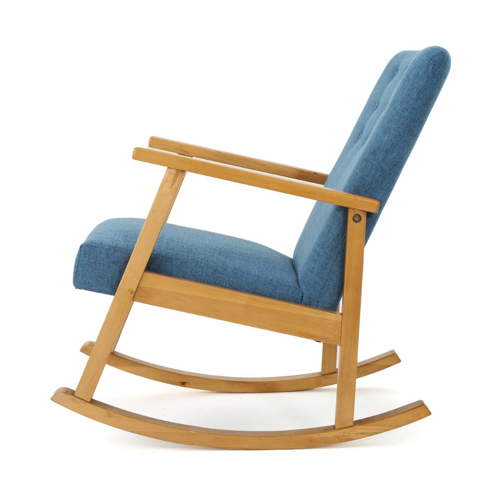 Maze Rocking Chair, Mid-Century Brown Rubberwood, Tufted Blue Fabric -BM321741