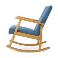 Maze Rocking Chair, Mid-Century Brown Rubberwood, Tufted Blue Fabric -BM321741
